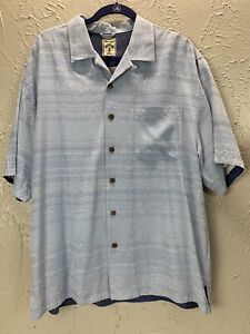 Montego Mon Button Down Single Pocket Short Sleeve 100% Silk Blue Shirt Large