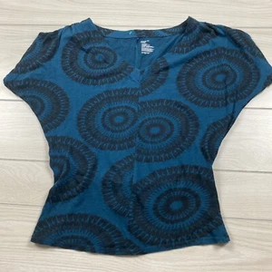 GAP Top Gr. XS grün schwarz Pusteblumen Fledermausärmel V-Ausschnitt Stretch Raffung Taille - Bild 1 von 8