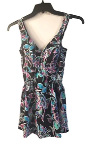 Azul One Piece Swim Dress Swimsuit Size 12 Black & Aqua Tropical Print Skirted - Picture 1 of 8