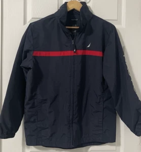 NAUTICA Rain Jacket Youth L 16-18 Windbreaker Hood Navy Red White NEW NWOT - Picture 1 of 10