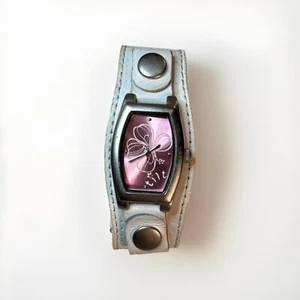 Kippbares lila Zifferblatt Schmetterling silber Damenuhr Armband weißes Band - Bild 1 von 6