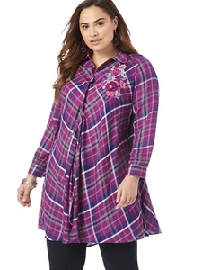 Ladies Purple Floral Embroidered Checkered Tunic Top Plus Size 16-34 LTMay26-5 - Picture 1 of 3