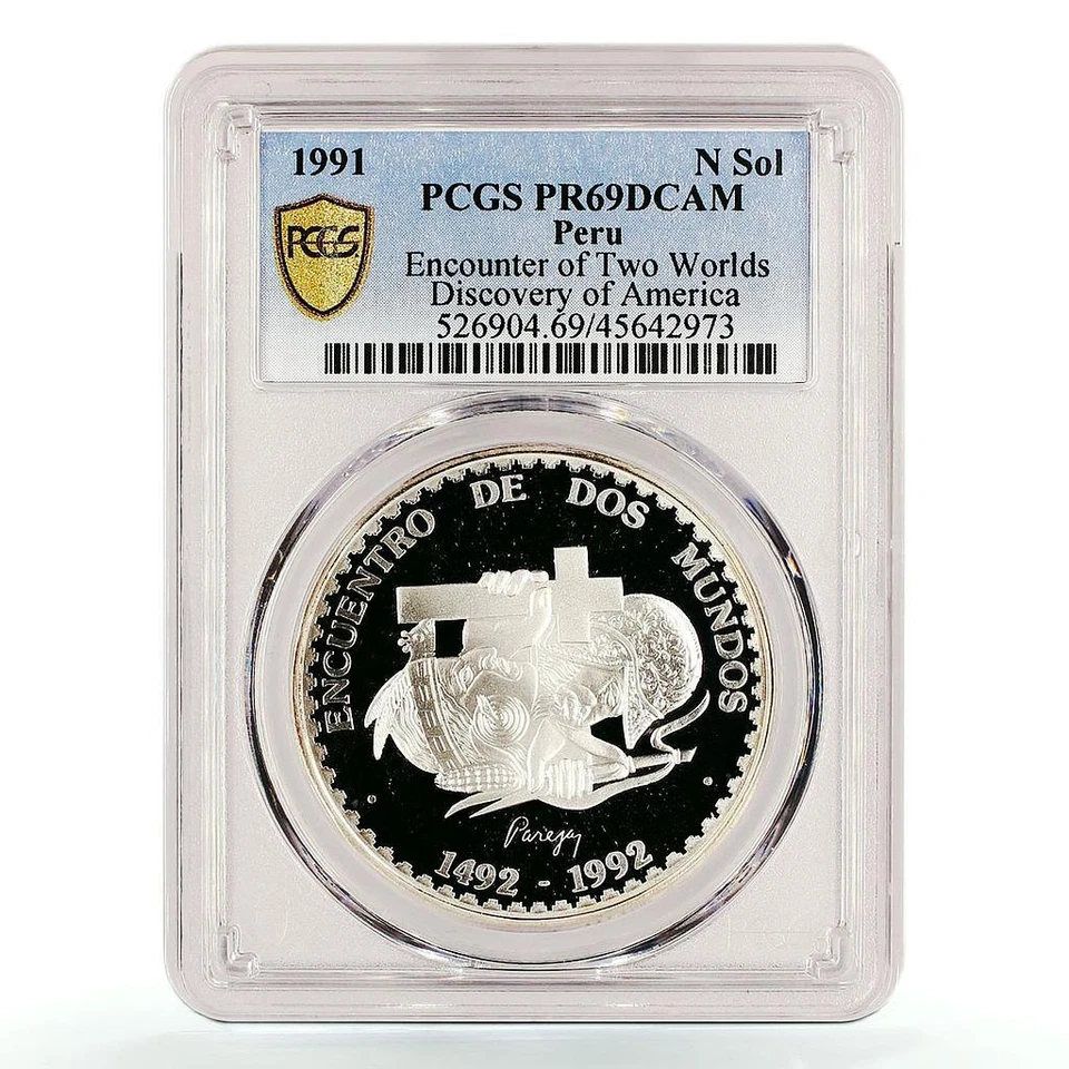 Peru 1 sol Meeting of Two Worlds Conquistador Indian PR69 PCGS silver coin 1991 - Image 1 of 2