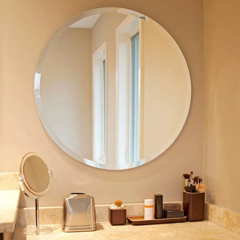Round Frameless Mirror Wall Mounted w Bevelled Edges Bathroom Bedroom LivingRoom - Image 1 of 4