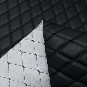 Black Large Diamond Stitch Quilted Upholstery 6mm Scrim Foam Backed Faux Leather - Picture 1 of 30