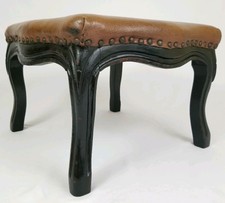 Antique Footstool French Louis Xv Style Carved Walnut Leather Ottoman Ebonized