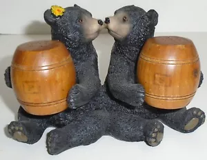 Black Bear Couple Kissing Figurine Salt Pepper Holder w/ Wood Barrel S&P Shaker - Picture 1 of 13