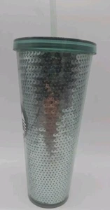 Bicchiere coppa fredda iridescente lucido paillettes Starbucks argento/verde 24 oz ottimo  - Foto 1 di 7