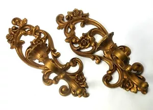 1971 Homco Wall Sconces Ornate Gold Resin Candle Holders - Picture 1 of 10