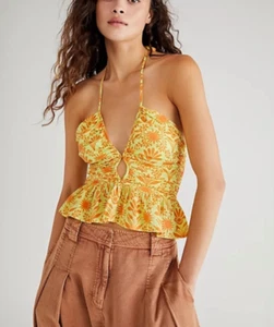 Top corto Free People con estampado floral de diente de león naranja amarillo halter nuevo sin etiquetas talla pequeña - Imagen 1 de 4