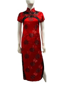 Vintage Red Silk Satin Dragon Empress Cheongsam Wiggle Contoured Glam Dress S - Picture 1 of 11