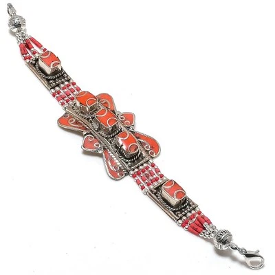 Pulsera de piedras preciosas de coral rojo elegante joyería tibetana nepalí 7" NBB 3284 Foto 1 de 4
