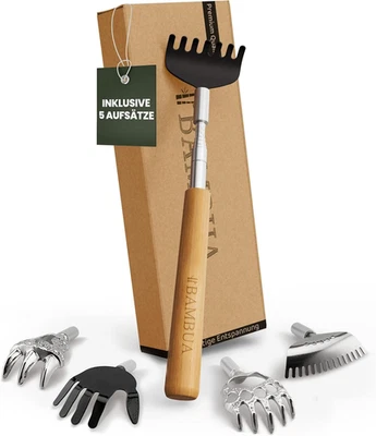 BAMBUA Rückenkratzer Ausziehbar - [Inklusive 5 Aufsätze] Bambus-Griff - Für Wohl