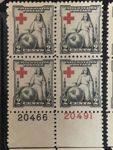 Scott 702, 2c Red Cross, Plate block/4, Bottom #s20491(R)/20466(B) MNH Free Ship - Picture 1 of 1