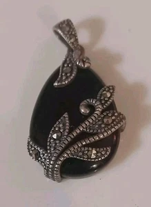 Sterling Silber schwarzer Onyx und Markasit Träne Anhänger Art Deco Stil MCM - Bild 1 von 6