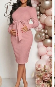 Sweater Maternity Dress LG Ribbed Scoop Neck Long Sleeve Soft Stretchy Belted - Picture 1 of 7