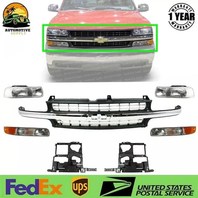 Grille Assembly + Lights +Brackets For 99-02 Silverado 1500/01-06 Suburban Tahoe - Image 1 of 4