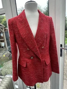 Zara Red Boucle Blazer Double Breasted Brand New Size L Large Gold Buttons - Picture 1 of 23