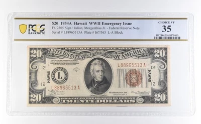 1934 A $20 Hawaii WWII Emergency Issue FR#2305 Choice VF 35 PCGS *2744 - Image 1 of 3