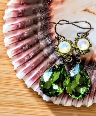 Victorian Christmas Pine Green  Elements Flower Crystals In Brass  Earrings - Image 1 of 4