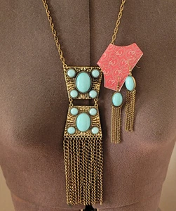 Faux Turquoise Bronze Metal Necklace and Dangle Earrings New Old Stock one flaw - Picture 1 of 7