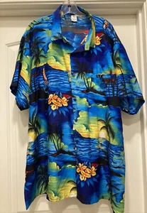 Men’s Oasis Hawaiian Shirt Vibrant Colors Sunset Palms Floral Sailboat SZ 2XL - Picture 1 of 11