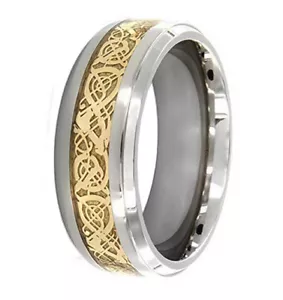 Fascia da matrimonio uomo intarsio design oro titanio drago filigrana 8 mm incisione gratuita - Foto 1 di 1