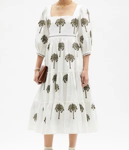 Agua Bendita Miel Palm Tree Midi Dress Embroidered Floral White Green Tropical M - Picture 1 of 15