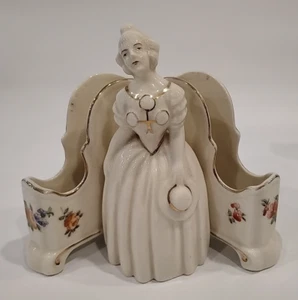 Antique Victorian White Porcelain 2 Deck Playing Card Holder Lady Flowers Japan - Picture 1 of 24