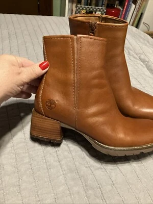 Timberland Women’s Cognac Leather Ankle Boots Size 7M, Zipper, Chunky Heel NEW - Image 1 of 4
