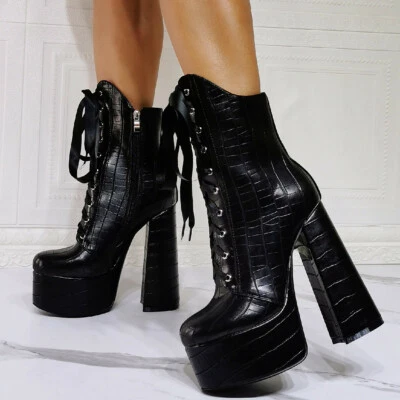 Mujeres Góticas Con Cordones Motociclista Botines Bloque Tacones Altos Punk Club Plataforma Zapatos Foto 1 de 4