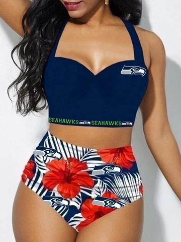 Seattle Seahawks 2PCS Halter Bikini Set Womens Sexy Low Cut Bathing Swimsuit Cover
