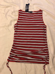 Top sin mangas Chaps, S: suéter a rayas rojo/blanco/azul marino para mujer, lados fruncidos/ajustados - Imagen 1 de 4