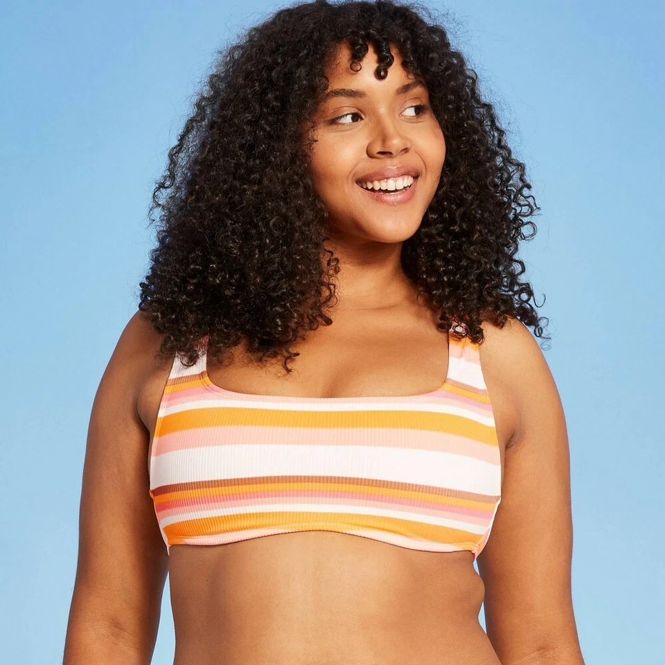 Juniors' Ribbed Bralette Bikini Top - Xhilaration Multi Stripe Shine M, White - Image 1 of 1