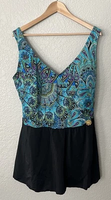 Catherine's Women's Black/Blue Paisley One Piece Swimsuit Dress - Sz 28W- New - Image 1 of 4