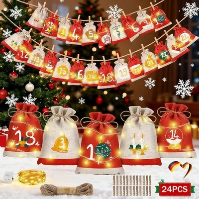 24 Adventskalender zum Weihnachten Xmas Geschenk Stoffsäckchen Befüllen Sack DIY - Bild 1 von 4