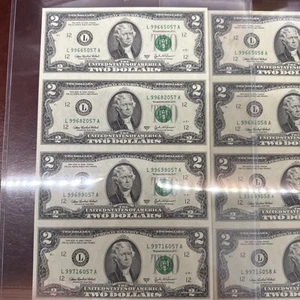 2 UNCUT Sheets Of 4 $2 DOLLAR BILLS ($2) SERIES 2003A BANK OF SF Cons Serial #s! - Picture 1 of 16