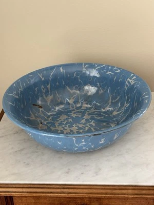 Enamelware Spatterware Blue And Gray Wash Basin Large 12” Bowl Vintage European - Image 1 of 4