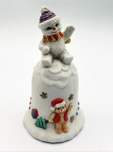 Vintage Christmas Teddy Bear Snowan Bell Figurine Holiday Porcelain Stars 4.5" H - Picture 1 of 6