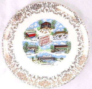 Vintage Vermont State Souvenir Teller "Covered Bridges" Mid Century Modern Gold  - Bild 1 von 6