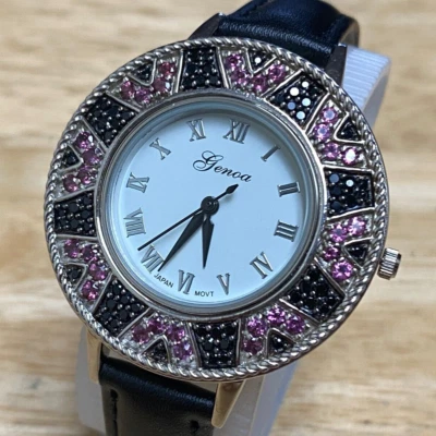 Unused Genoa Quartz Watch Women Ornate Silver Faux Gemstone Leather New Battery - Image 1 of 4