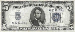 US 5 DOLLARS SILVER CERTIFICATE, SERIES OF 1934 A, BLUE SEAL. - Picture 1 of 2
