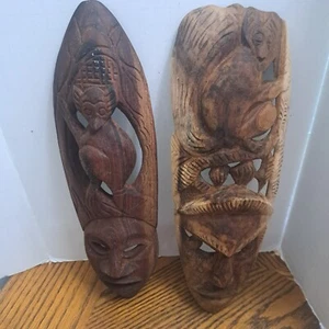 Pair of Carved 13'' Wood Mask With Lemur Design Set of 2 - Picture 1 of 9