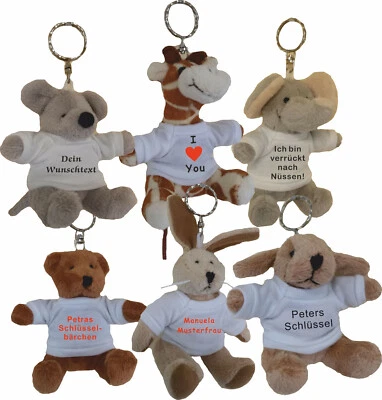 Stofftier Schlüsselanhänger mit Wunschtext Maus,Elefant,Hund,Giraffe,Bär,Hase - Bild 1 von 4