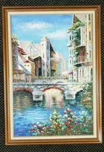 Pintura al óleo original pintada a mano River Arch Bridge Village por P.K. - Imagen 1 de 4