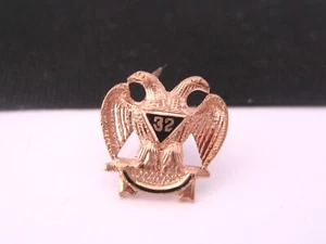 Antique Masonic 14K Gold Enamel Masons 32nd Degree Engrave Eagle Lapel Tie Pin - Picture 1 of 11
