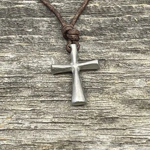 Christian Cross Leather Cord Silver Necklace Jewelry Made By Zulasurfing Studios - Picture 1 of 8