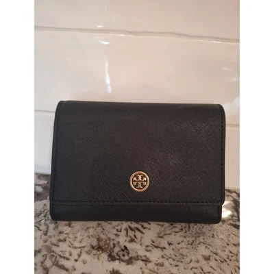 Tory Burch Negro Azul Cuero Cremallera Tarjetero Cartera Foto 1 de 4