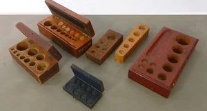 SCALE WEIGHTS 6 storage BLOCKS n BOXES antique WOOD slab n hinged KNOB n SHEET - Picture 1 of 6