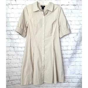 DKNY Wms NWT Tan White Striped Seersucker Fit N Flare Shirt Dress Size 8 - Picture 1 of 9